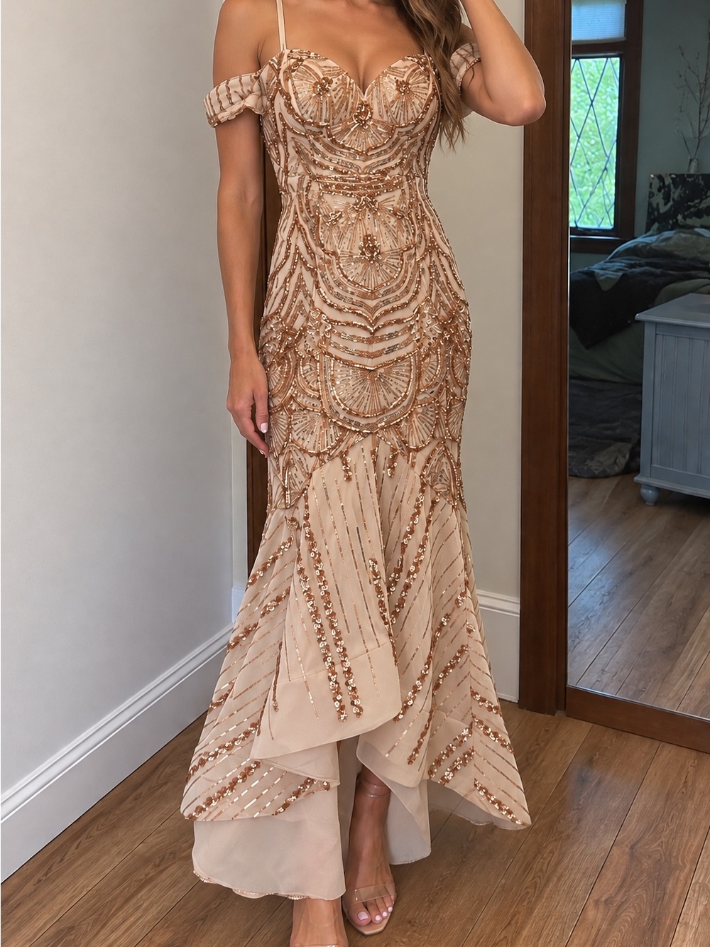 Bariano Austrialia Nude/Champagne Sequined Off-Shoulder Mermaid Dress